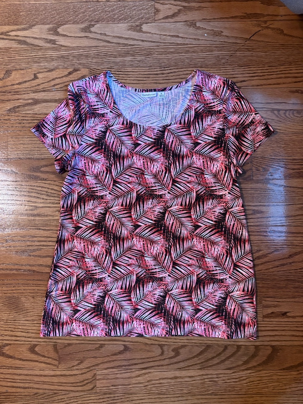 Croft & Barrow Pink Tropical Palm Print Stretch Knit Top Size Medium